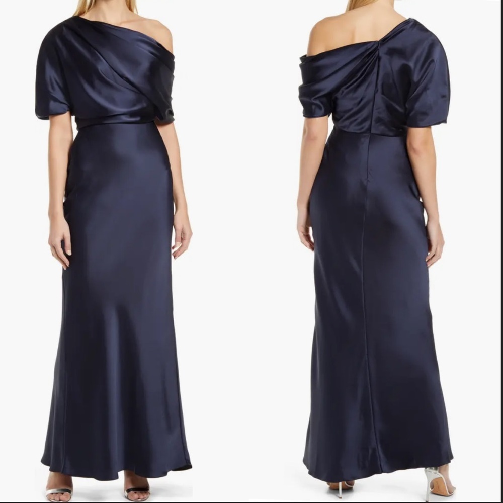 NWOT AMSALE One-Shoulder Fluid Satin navy Gown sz 2
